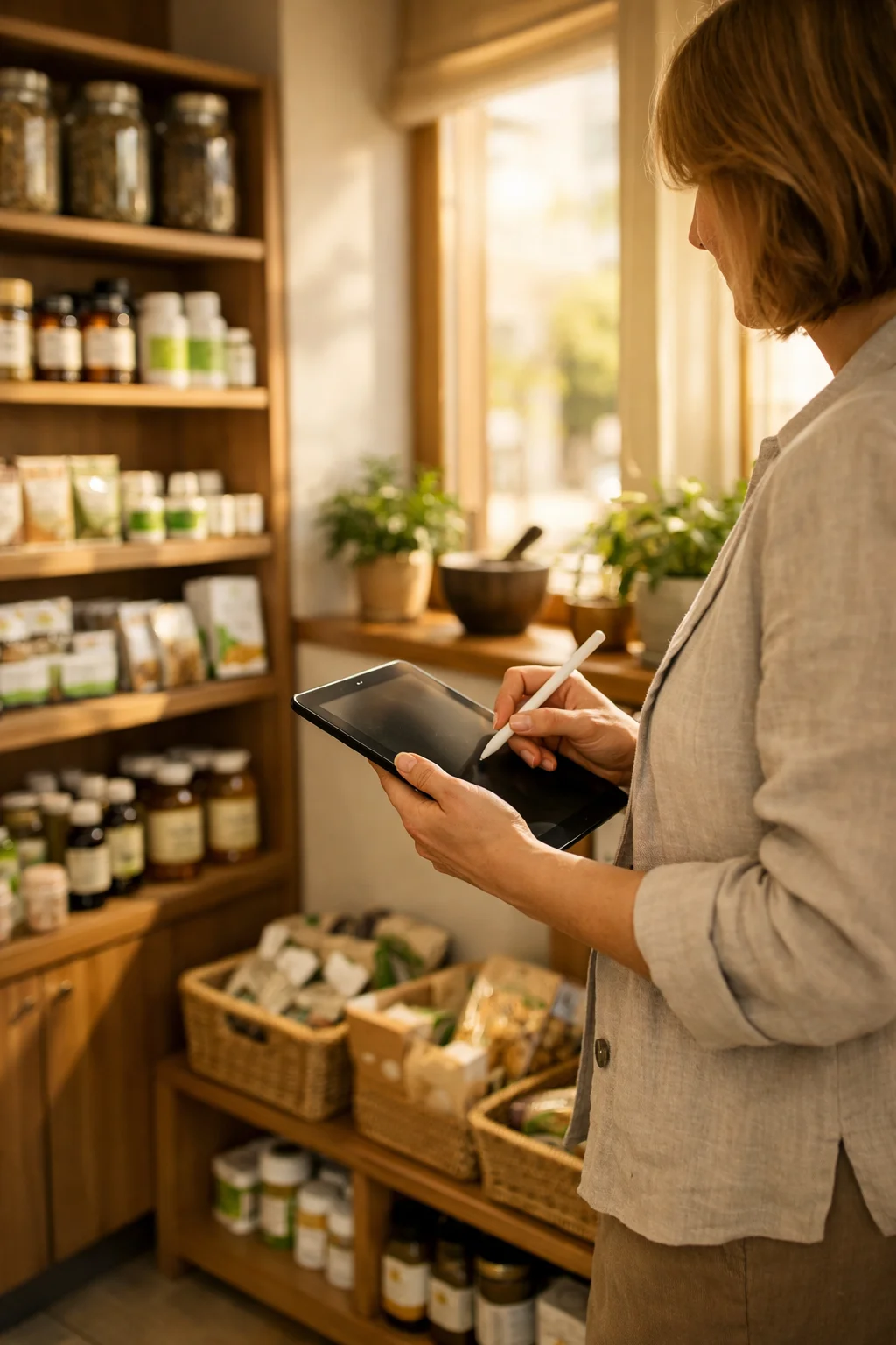Inhaberin eines österreichischen Gesundheitsbetriebs in einem hellen Ladenlokal